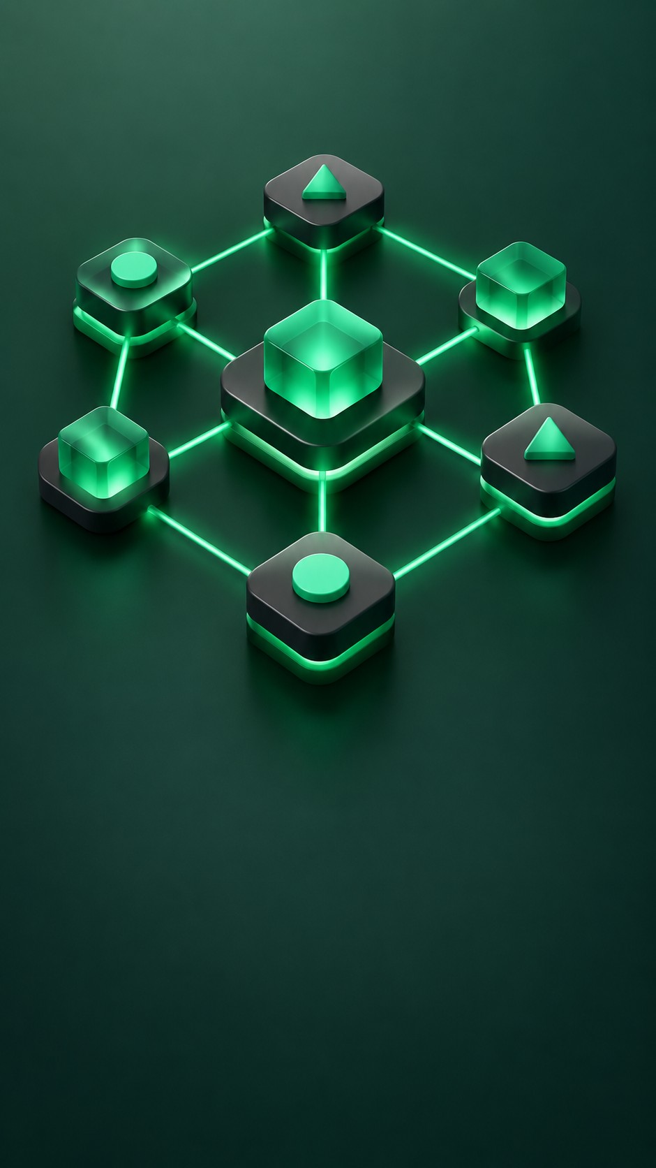 Interlocking glowing geometric tokens forming a decentralized network