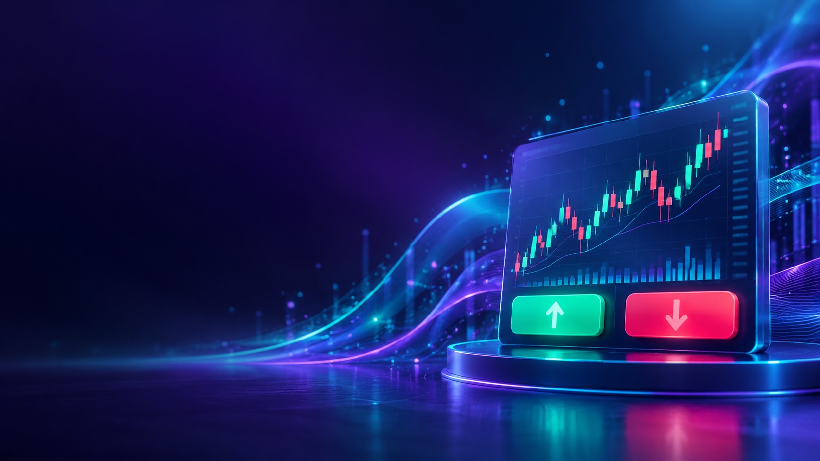 Clean buy and sell panel with green and red buttons and a candlestick chart