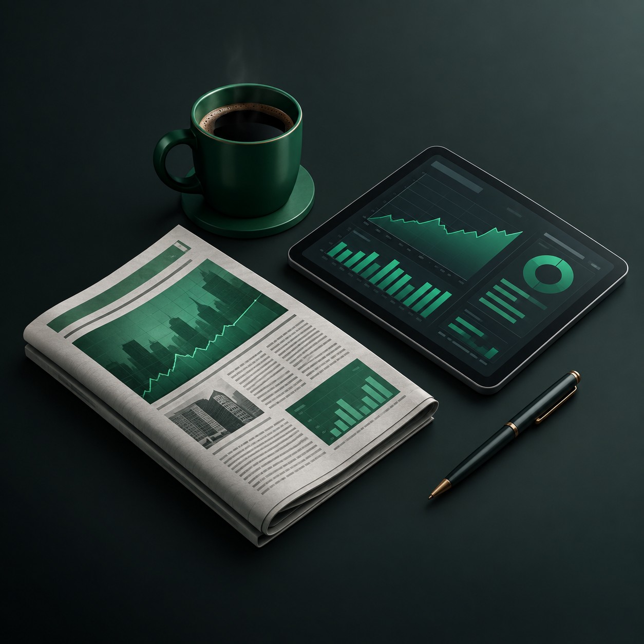 Financial newspaper tablet with charts and coffee on a desk