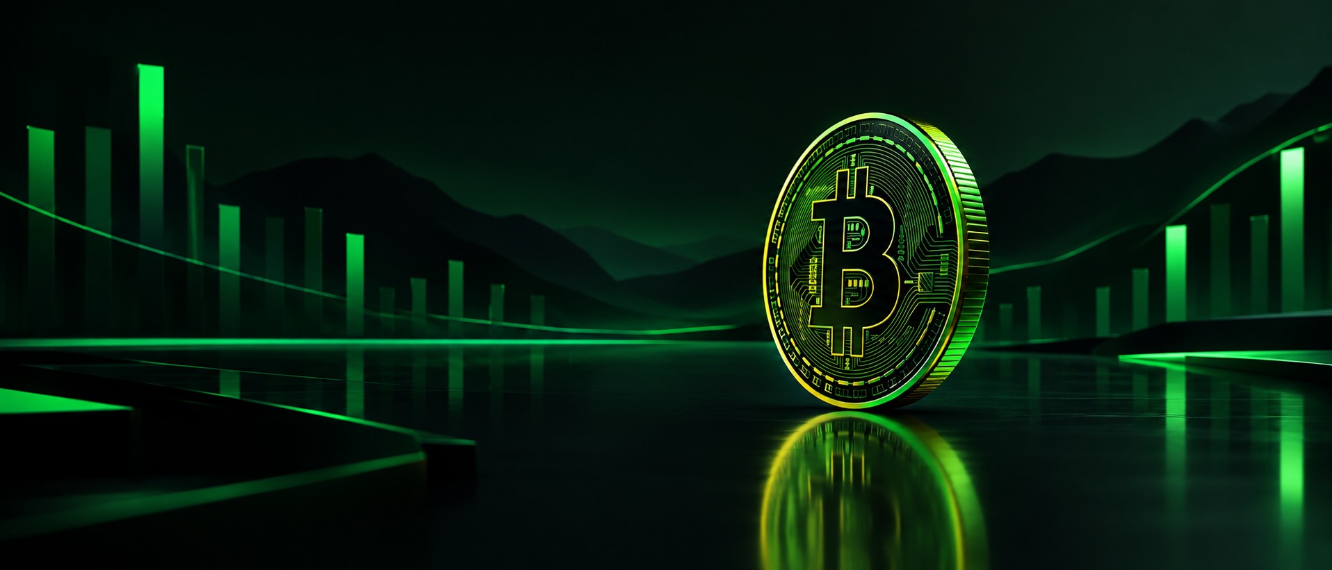 Gleaming physical bitcoin coin standing upright on a reflective dark surface